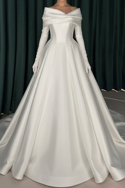 Off-Shoulder Long Sleeve Satin Wedding Ball Gown