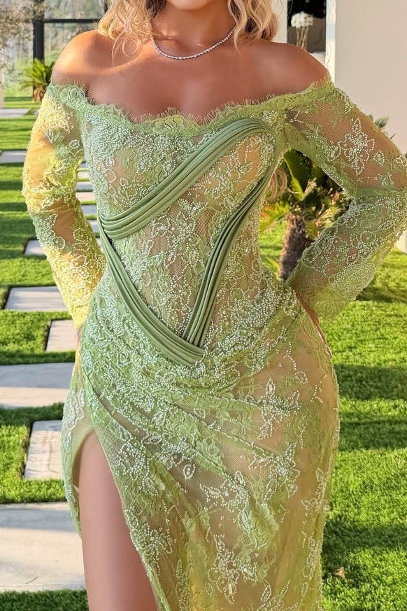 Off-the-Shoulder Lace Corset Gown with High Slit