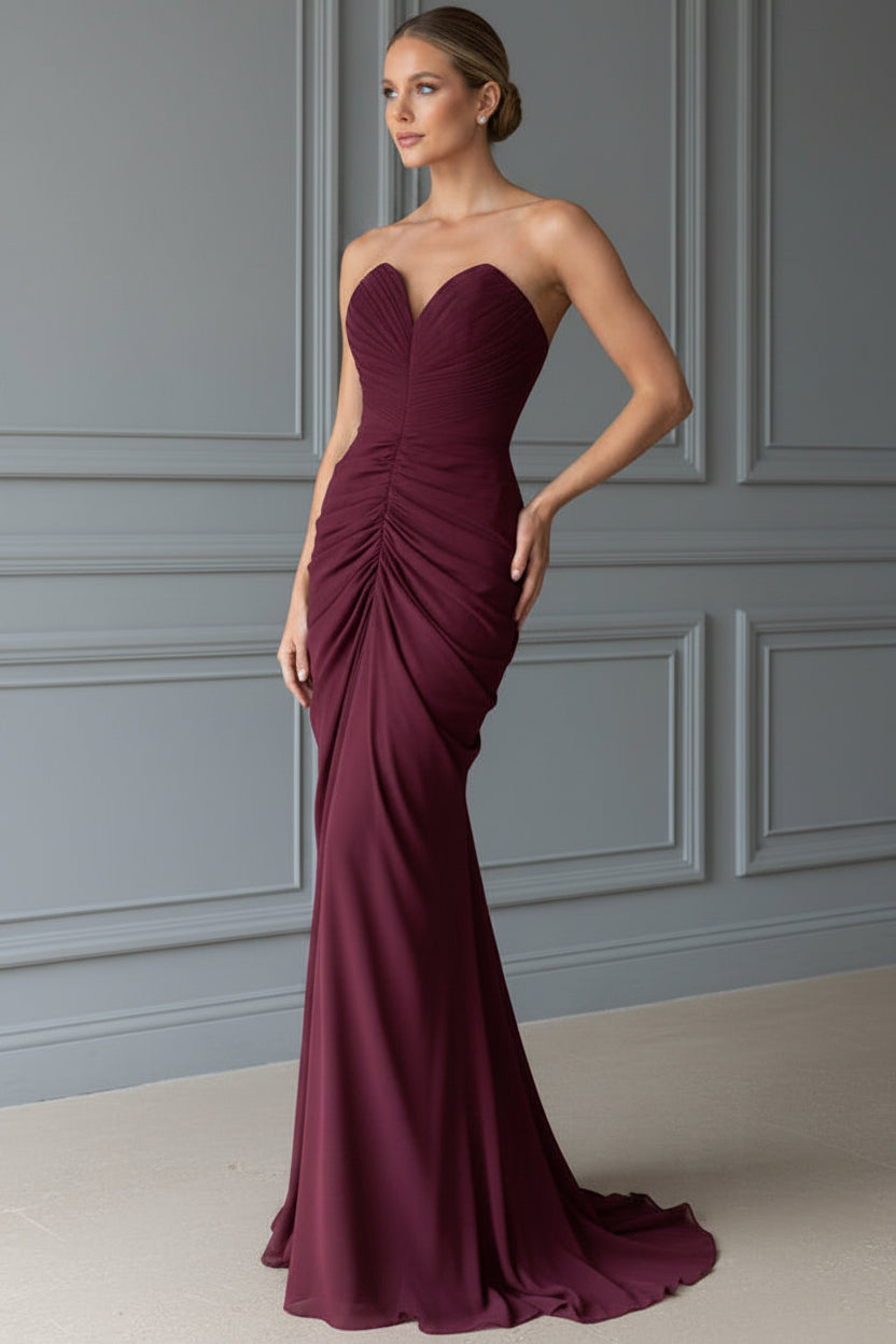 Strapless Sweetheart Draped Chiffon Evening Gown