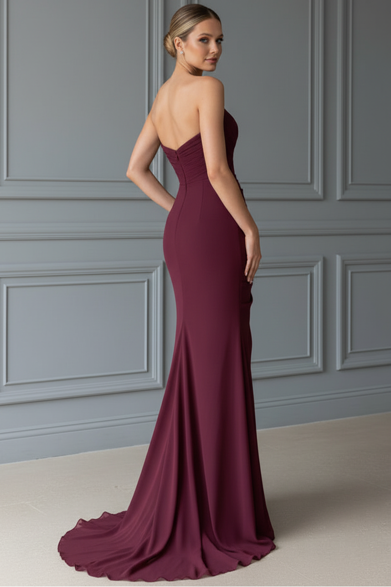 Strapless Sweetheart Draped Chiffon Evening Gown
