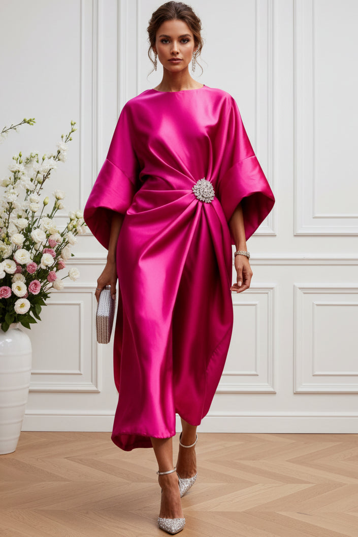 Elegant Draped Satin Midi Dress with Brooch