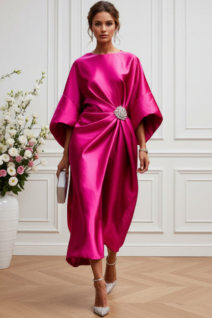 Elegant Draped Satin Midi Dress with Brooch