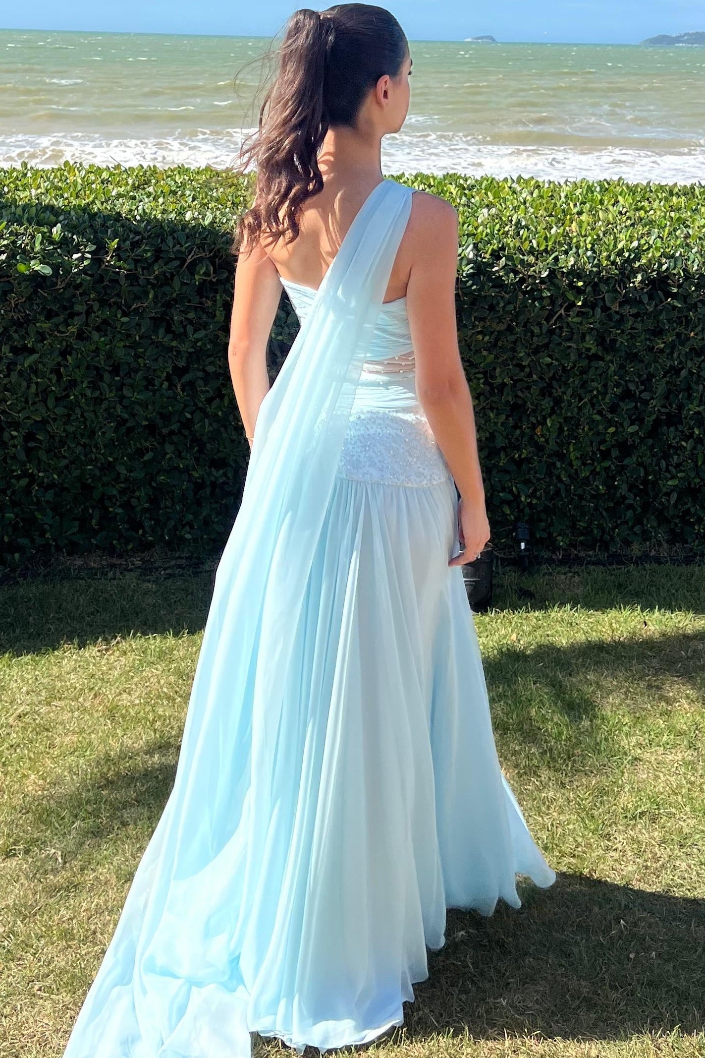 One-Shoulder Pleated Chiffon Gown with Cut-Outs