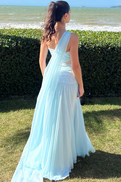One-Shoulder Pleated Chiffon Gown with Cut-Outs