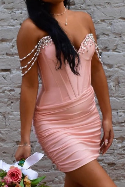 Ruched Corset Mini Dress with Draped Pearls