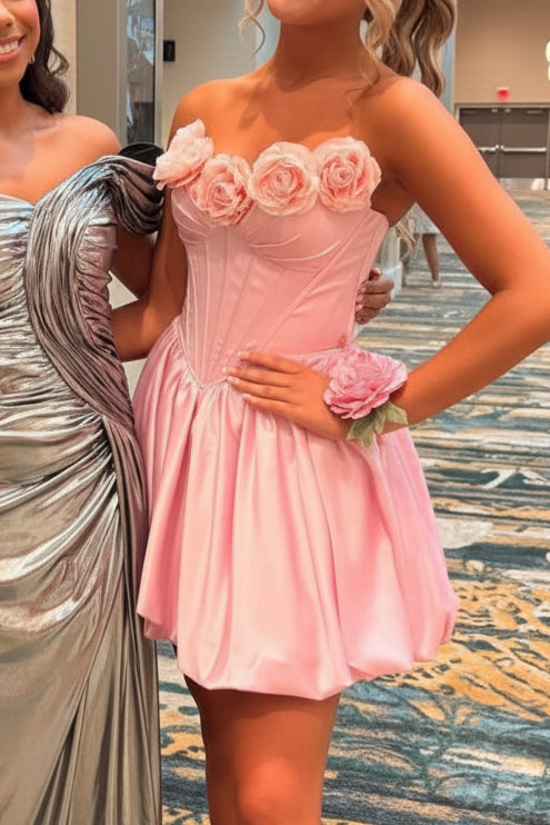 Strapless Corset Bubble Hem Mini Dress 3D Flowers
