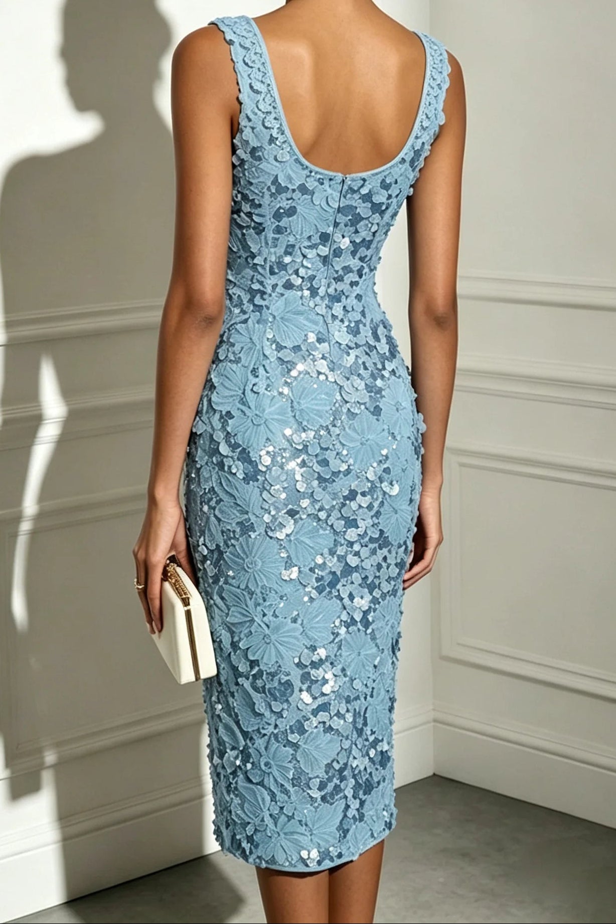 Embellished Scoop Neck Floral Sequin Midi Dress