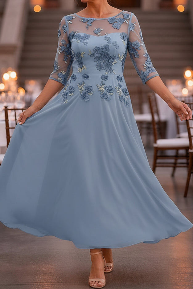 Floral Applique Illusion 3/4 Sleeve Tea-Length Dress
