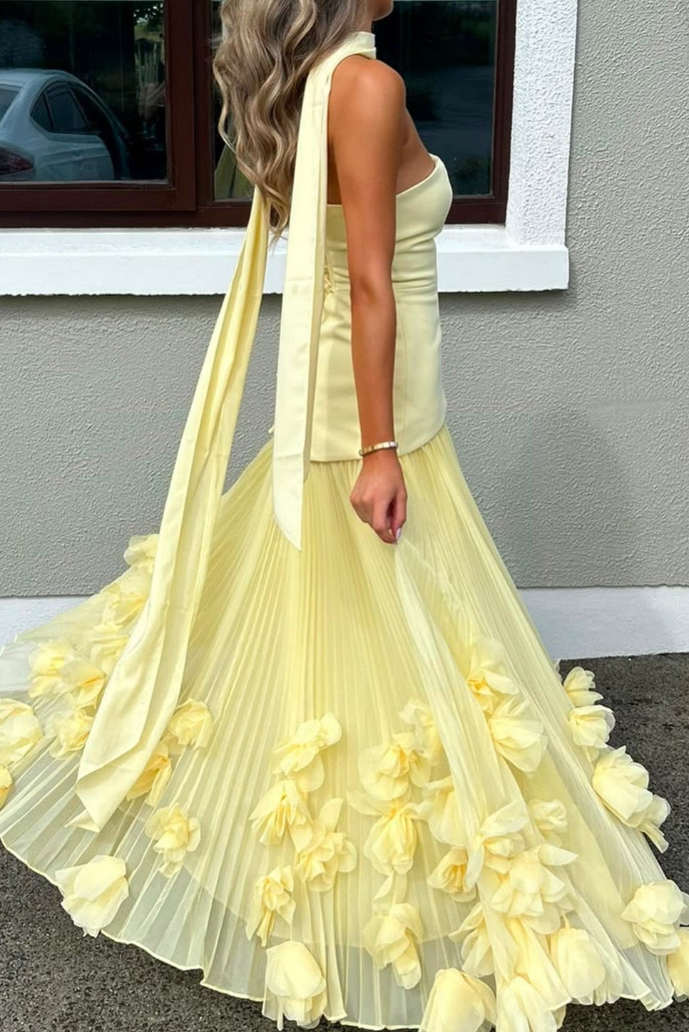 Strapless Pleated Gown with 3D Floral Hem & Scarf