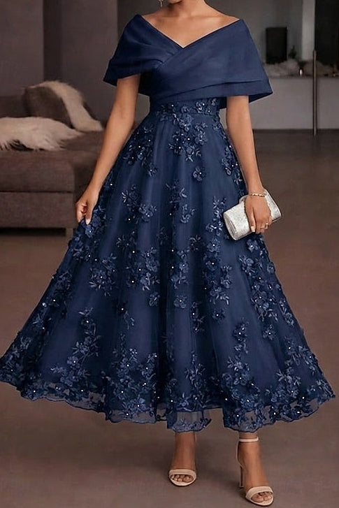 Off-Shoulder 3D Floral Tea-Length Evening Dress