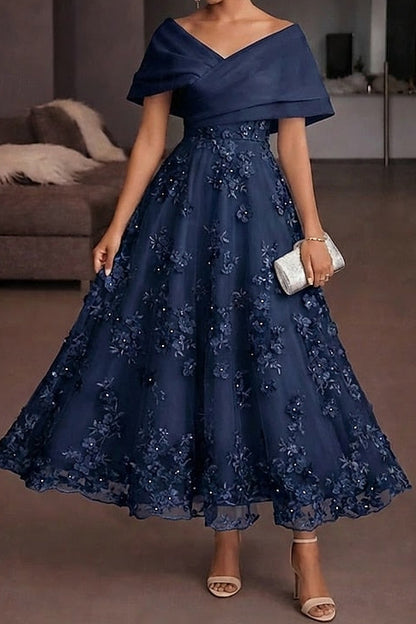 Off-Shoulder 3D Floral Tea-Length Evening Dress