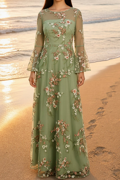 Floral Embroidered Illusion Gown with Bell Sleeves