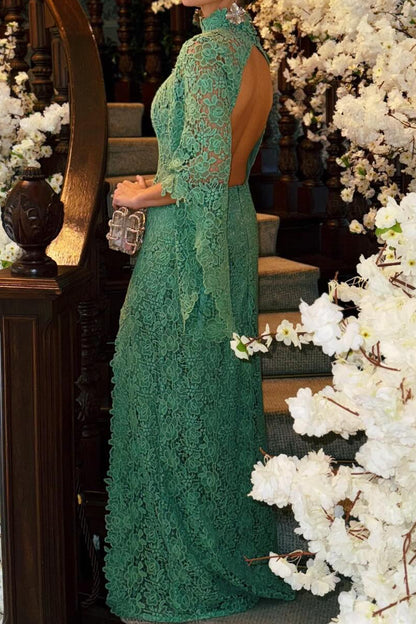 Lace High Neck Gown with Asymmetrical Sleeve