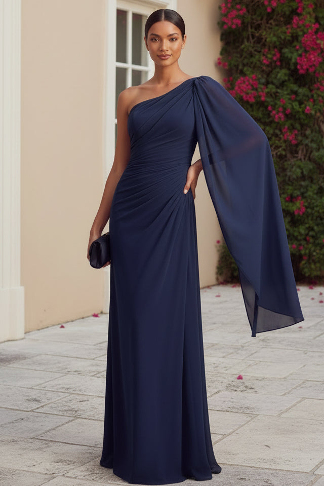 One-Shoulder Draped Cape Column Gown