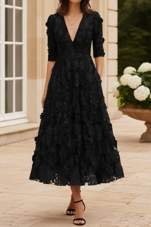3D Floral Lace Deep V-Neck Midi Dress with Pockets