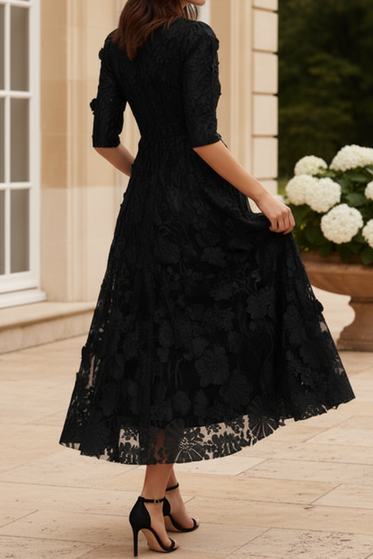 3D Floral Lace Deep V-Neck Midi Dress with Pockets
