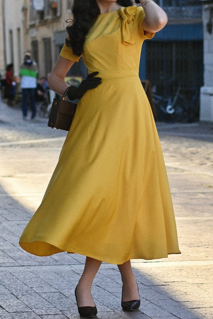 Short Sleeve A-Line Midi Dress with Shoulder Bow
