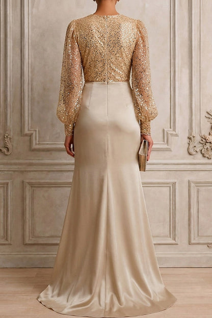 Sequin Bishop Sleeve Ruched Satin Evening Gown
