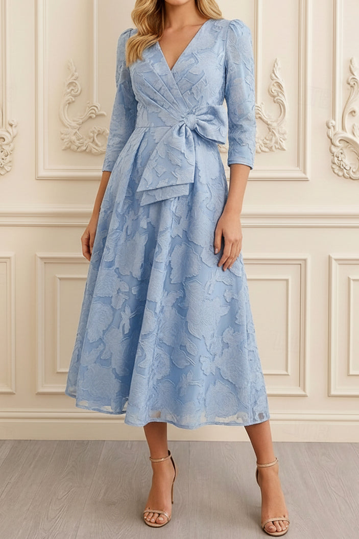 Floral Jacquard Wrap Dress with 3/4 Sleeves & High-Low Hem