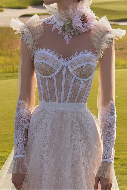 Corset Wedding Dress with Illusion Neck & Ruffled Sleeves