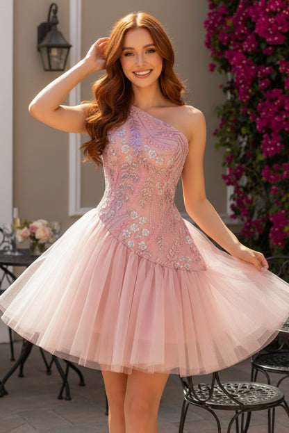 Asymmetrical One-Shoulder Beaded Tulle Mini Dress