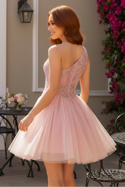 Asymmetrical One-Shoulder Beaded Tulle Mini Dress