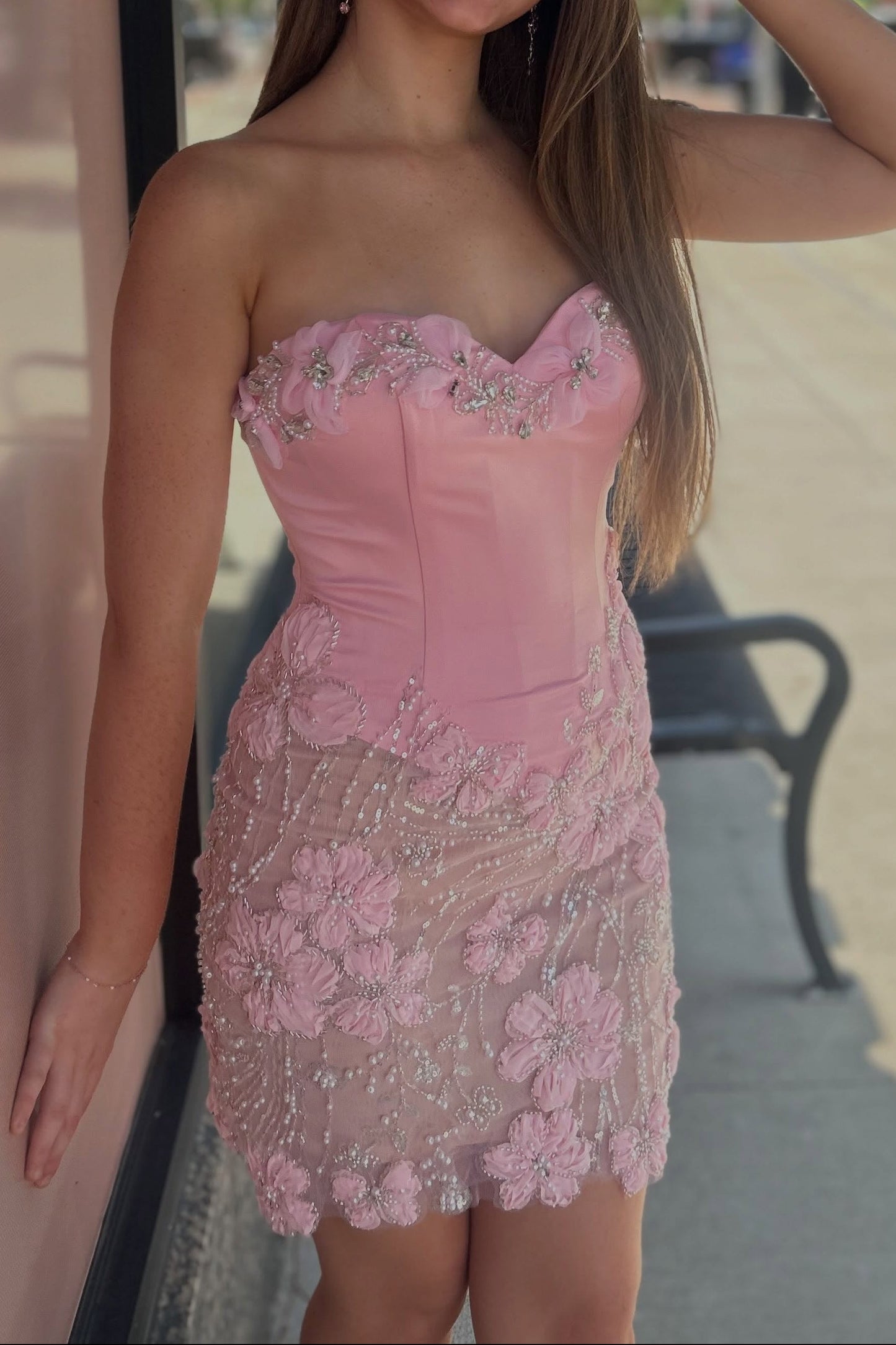 Strapless Floral Beaded Mini Dress with Sweetheart Neckline