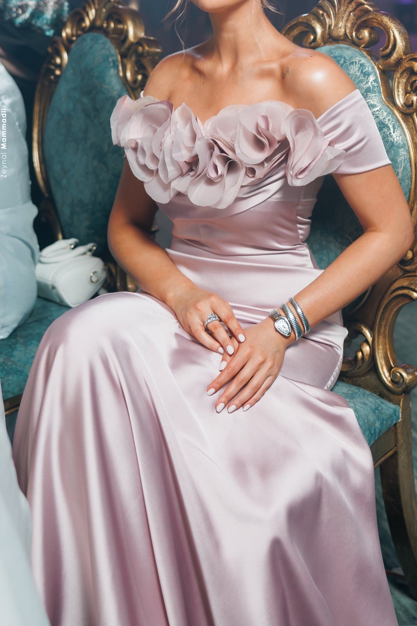 Off-the-Shoulder 3D Floral Satin Evening Gown