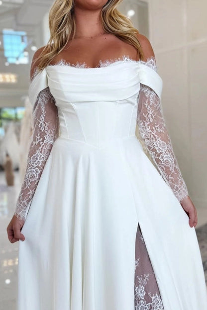 Off Shoulder Lace Sleeve A-Line Wedding Dress