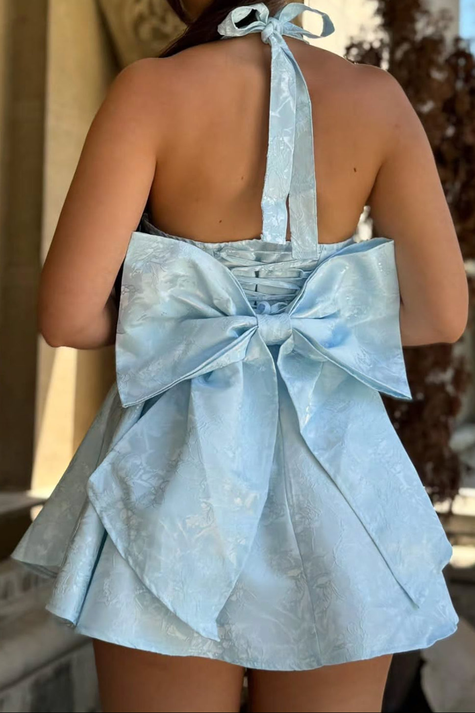 Halter Jacquard Mini Dress with Back Bow and Corset
