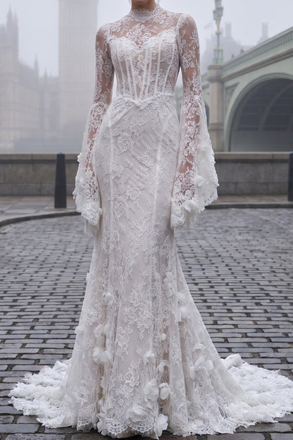 Lace High Neck Bell Sleeve Mermaid Wedding Dress