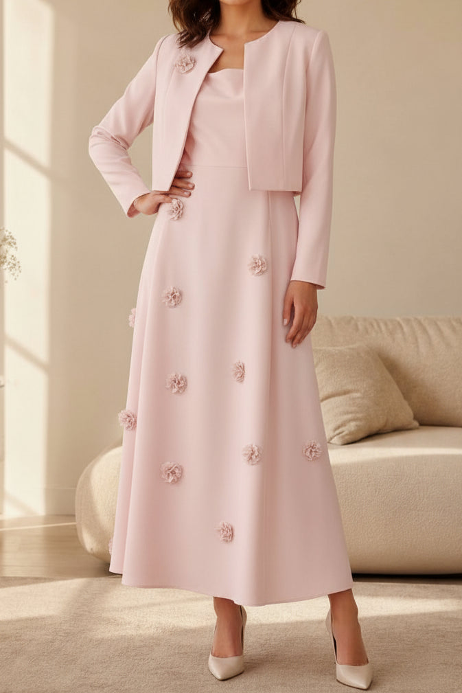 A-Line Dress & Cropped Jacket Set with 3D Florals