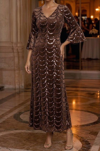 Sequin Velvet Ankle-Length Dress with Bell Sleeves