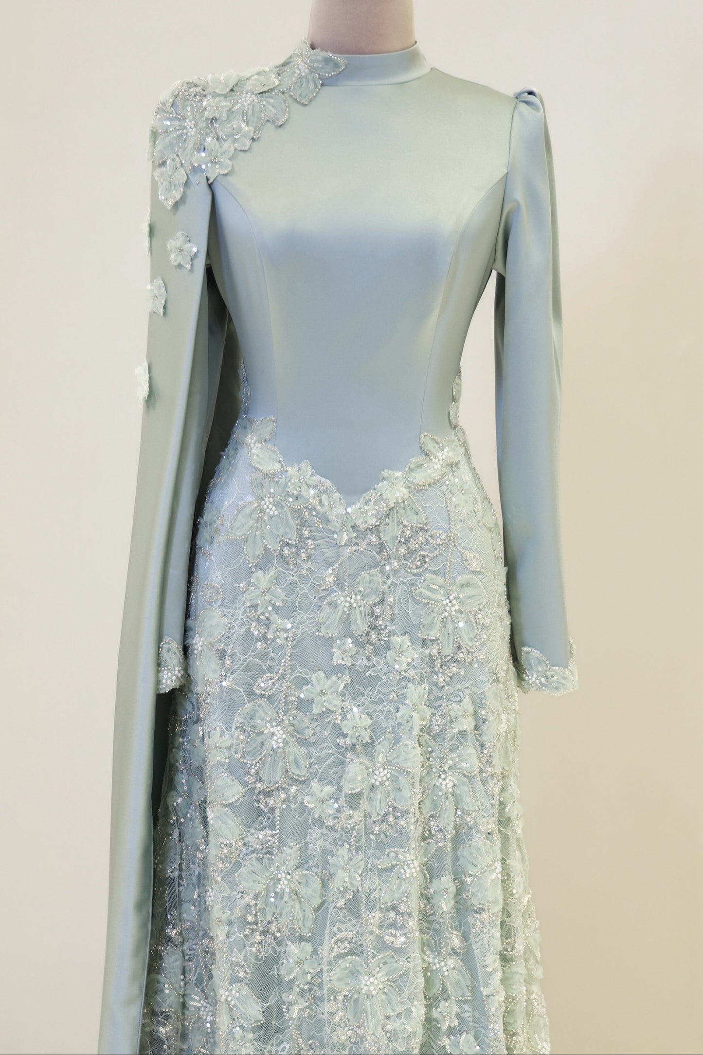 High-Neck Long-Sleeve Evening Gown with Floral Cape
