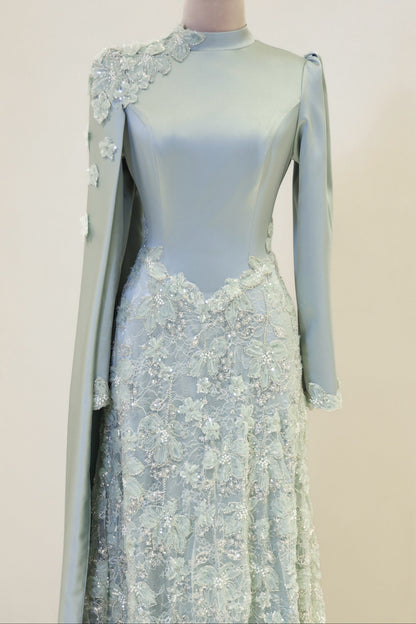 High-Neck Long-Sleeve Evening Gown with Floral Cape