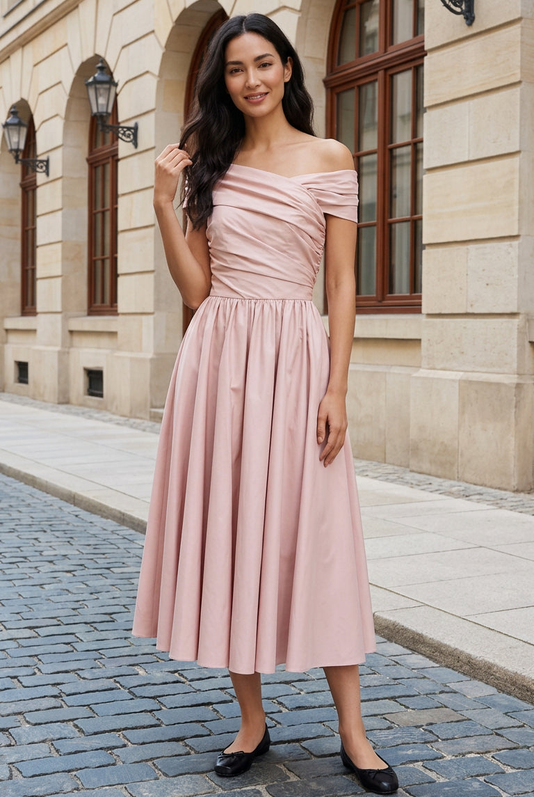 Off-the-Shoulder Ruched Midi Dress