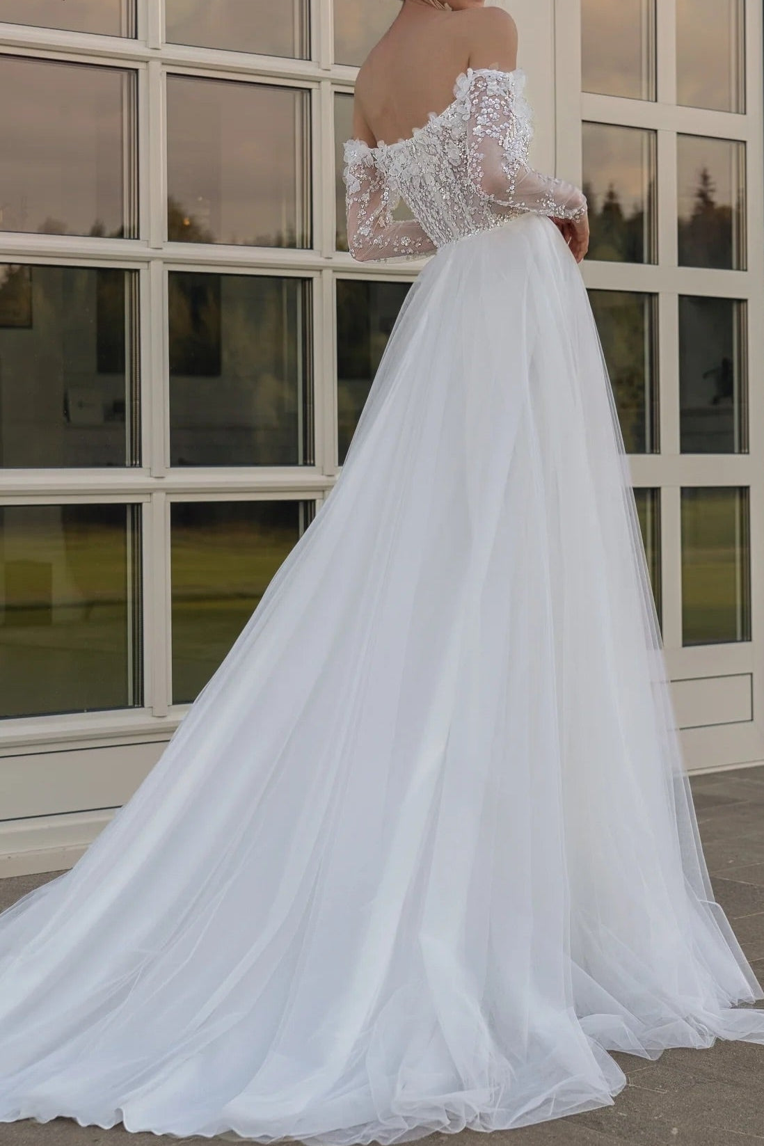Off-Shoulder Beaded Illusion A-Line Wedding Gown