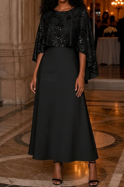 Sequined Cape A-Line Tea-Length Dress