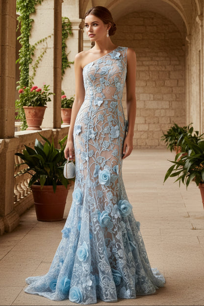One-Shoulder 3D Floral Applique Mermaid Gown
