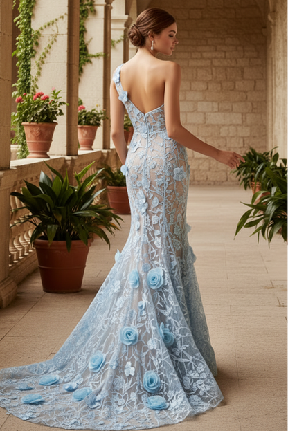 One-Shoulder 3D Floral Applique Mermaid Gown