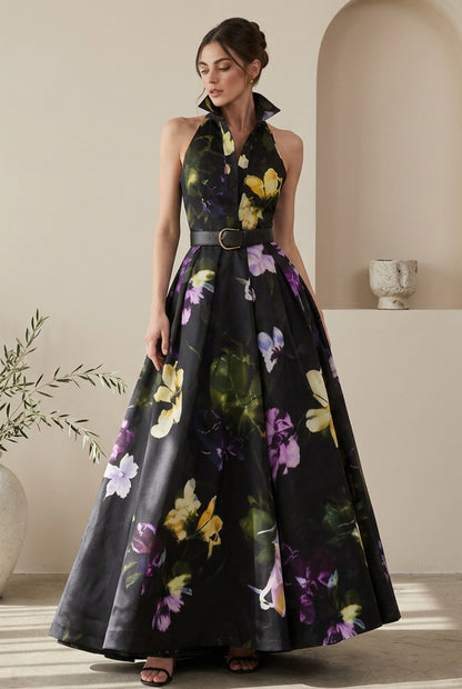 Collared Halter Floral A-Line Gown with Belt