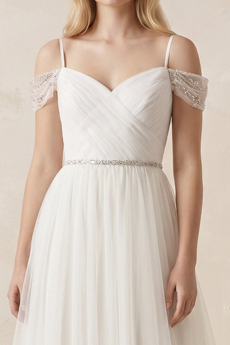 A-Line Tulle Wedding Dress with Beaded Cold Shoulders