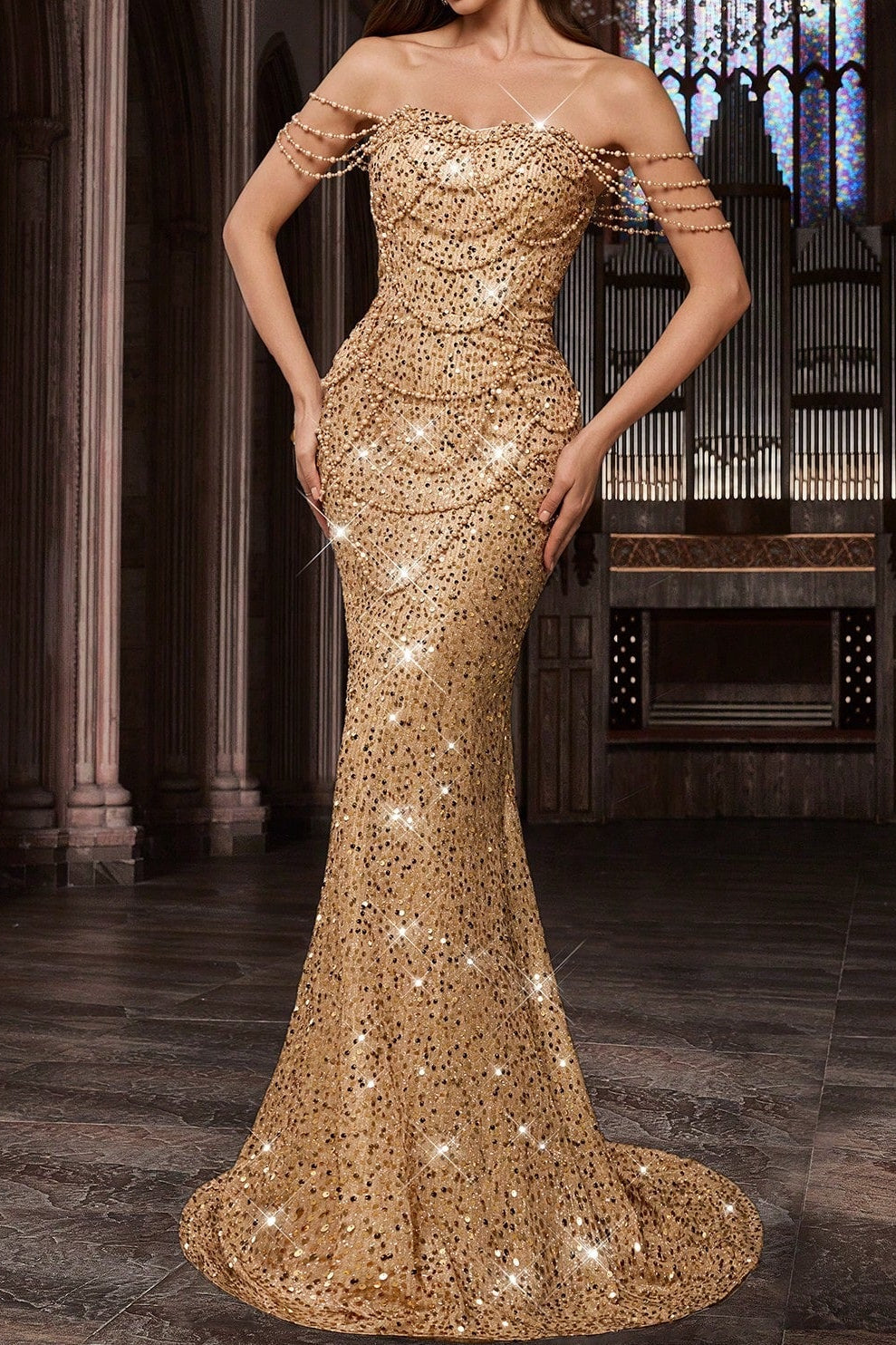 Off-the-Shoulder Beaded Sequin Mermaid Gown