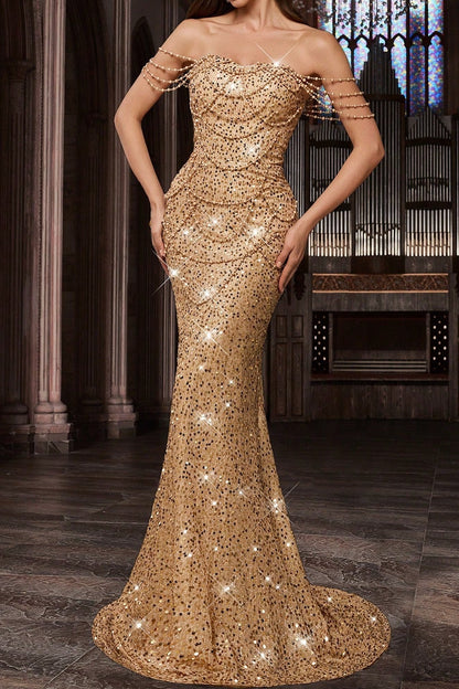 Off-the-Shoulder Beaded Sequin Mermaid Gown