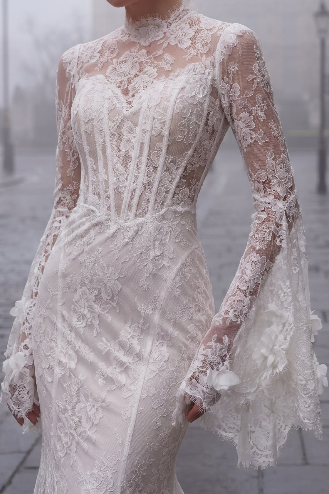 Lace High Neck Bell Sleeve Mermaid Wedding Dress