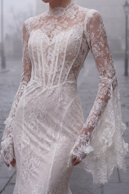Lace High Neck Bell Sleeve Mermaid Wedding Dress