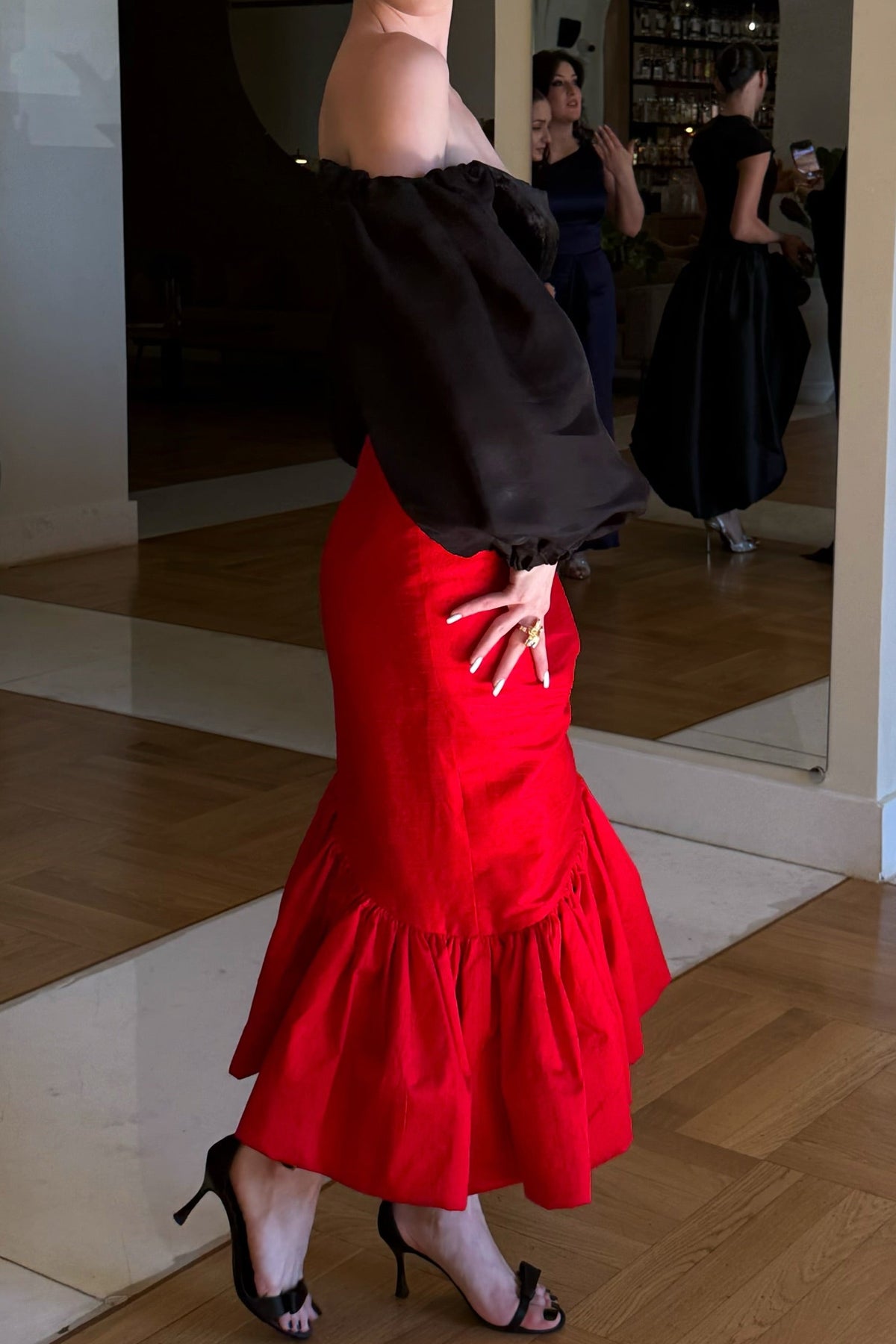 Off-the-Shoulder Puff Sleeve Flounce Midi Dress