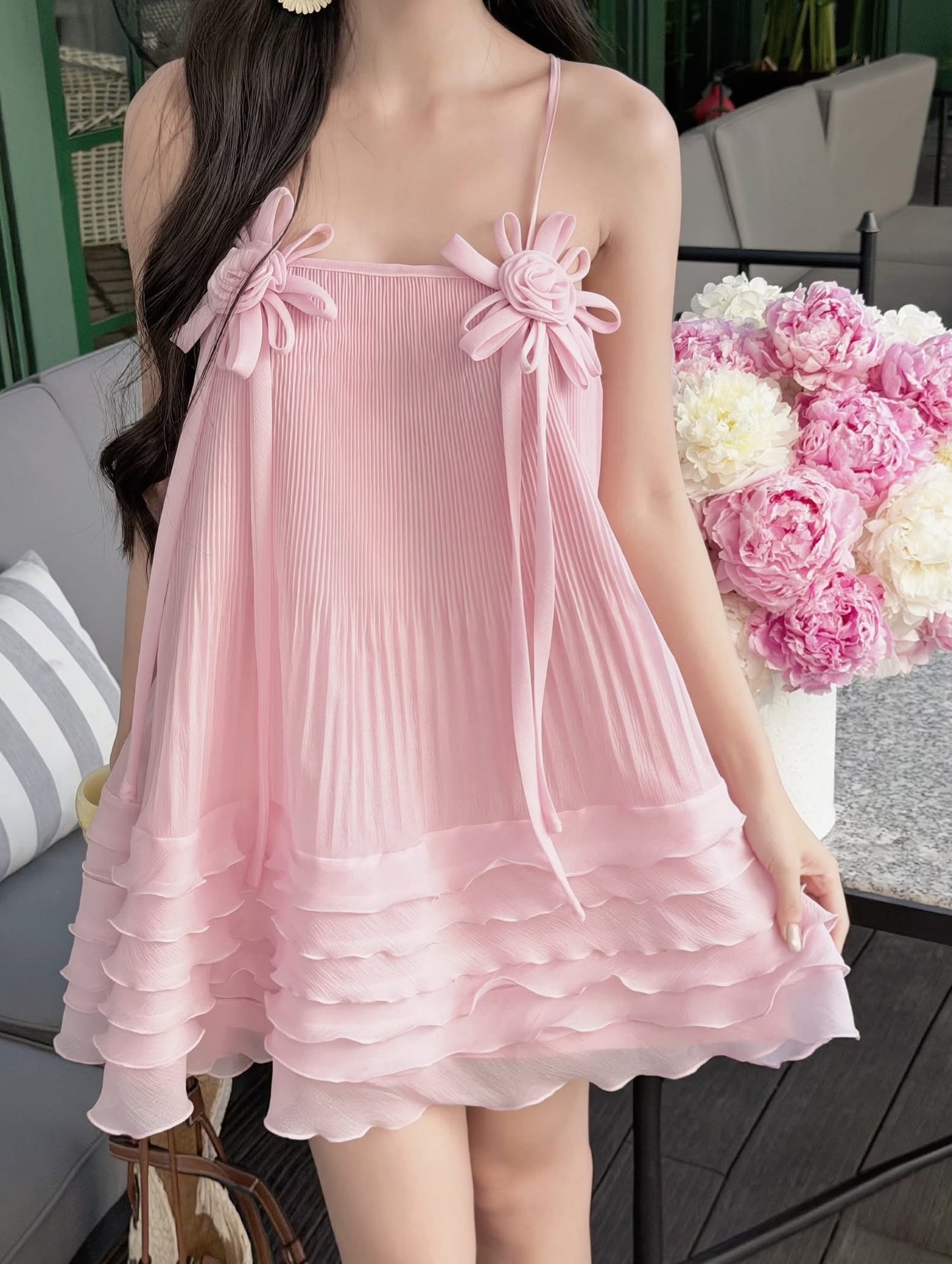 Pleated Tiered Ruffle Mini Dress with Flower Detail