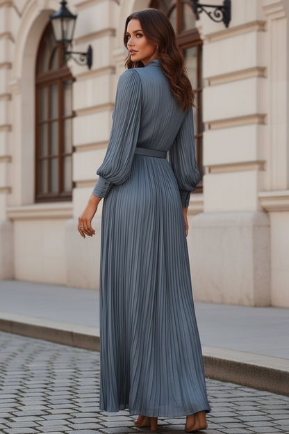 Pleated Plunge Maxi Dress with Long Sleeves