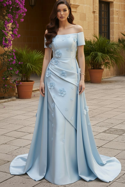 Off-the-Shoulder 3D Floral Satin Evening Gown